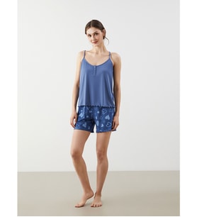 LCW DREAM İndigo V Yaka Baskılı Kadın Şortlu Pijama Takımı