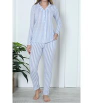 Kadın Pijama Uzun Kollu Düğmeli Pijama Takımı Cepli Pamuk  MAVİ