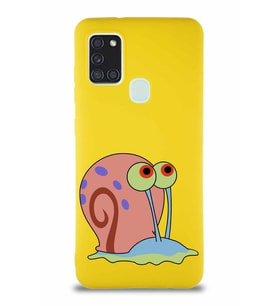 Samsung Galaxy A21S Soft Premier Kapak Salyangoz Gary Tasarımlı Silikon Kılıf - Sarı (Şeffaf)