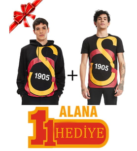 Galatasaray Orijinal Büyük Logolu Siyah Sweat Büyük Logolu T-shirt Hediyeli