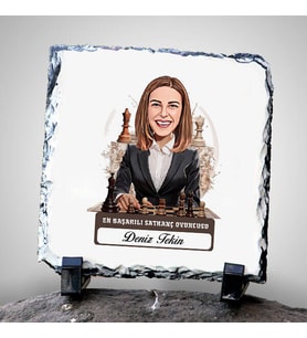 Kişiye Özel Hediye Karikatürlü Kadın Satranç Oyuncusu Dekoratif Taş