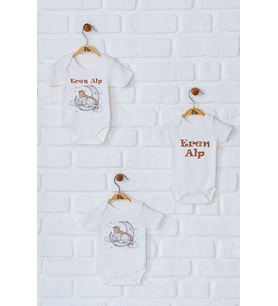 Pia Baby Premium %100 Pamuk İsme Özel Organik Baskılı Üçlü Set Çıtçıtlı Bebek Body Zıbın Modelleri 5051-18 (Ekru)