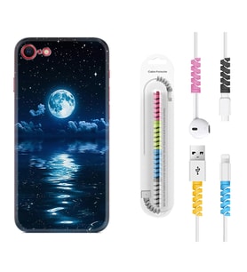 Apple iPhone 5 6 7 8 Plus Se XR Kılıf Kablo Koruma Spiral Silikon Night Moon 1133