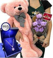Kişiye Özel Fotoğraflı VIP Set - 925 Ayar Işıklı Kutuda Gümüş Kolye & Pembe Ayıcık & 3'lü Ayıcık Buketi (Model 2)