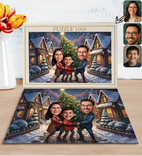 BK Gift Kişiye Özel Aile Yılbaşı Karikatür Tasarımlı 1000 Parça Profesyonel Puzzle-1, 1000 Puzzle, Yeni Yıl Hediyesi, Yılbaşı Hediyesi