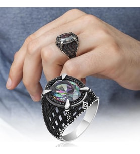 Mistik Topaz Taşlı Pençeli 925 Gümüş Erkek Yüzük