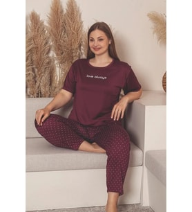 Charme Kadın Büyük Beden Bisiklet Yaka MİLAN Likralı Kısa Kol Pijama Takımı K601/252 - 1 Adet (Bordo)
