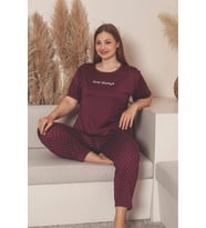Charme Kadın Büyük Beden Bisiklet Yaka MİLAN Likralı Kısa Kol Pijama Takımı K601/252 - 1 Adet (Bordo)