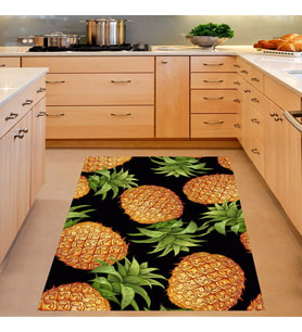 Ananas Desenli Dijital Baskı Yıkanabilir Kaymaz Taban Leke Tutmaz Siyah Mutfak Halısı