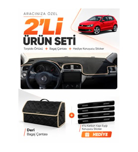 VOLKSWAGEN POLO (2009-2019) Uyumlu Torpido Örtüsü + Deri Bagaj Çantası + Sticker Seti - Siyah Bej