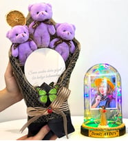 Sizlere Özel Renkli Led Işıklı Biblolu Fanus ve Aynalı Mor Peluş Ayıcık Buketi (Model 5)
