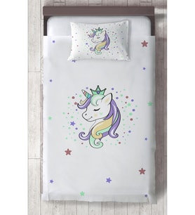 MEKTA HOME BEBEK VE ÇOCUK ODASI Renkli Unicorn Desenli Beyaz Yatak Örtüsü