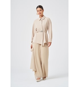 FTZ Women Kadın Şifon Volan Detaylı İkili Takım Beige 31342