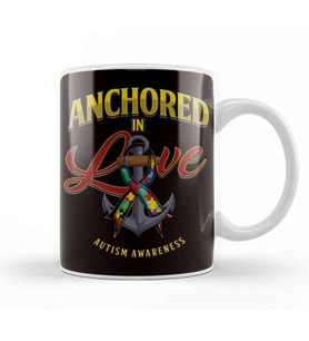 Anchored In Love Autism Awareness Support Autistic Ribbon Kupa Bardak Porselen