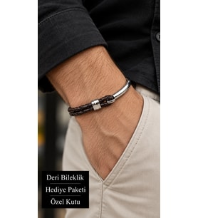 Dalciero Umberloop Koyu Kahverengi Deri Erkek Bileklik - Gümüş Ton Metal Örgü