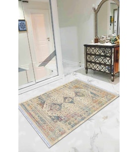 Krem Vintage Dokuma Pamuk Tabanlı Kaymaz Kilim KLM166