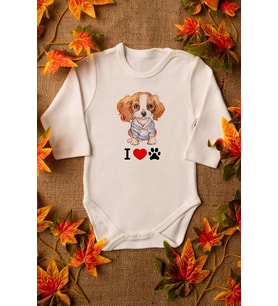 Unisex Bebek Sevimli Köpek Organik Baskılı Uzun  %100 Pamuklu Zıbın