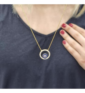 Nazarlı Halka 925 Ayar Gümüş Zirkon Taşlı Gold Kaplama Kolye (Karışık)