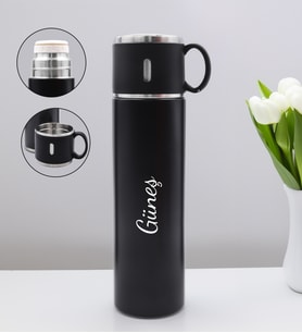 Kişiye Özel Bardaklı 580 ML Çelik Termos (Siyah)