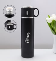 Kişiye Özel Bardaklı 580 ML Çelik Termos (Siyah)