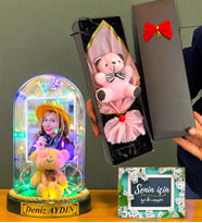 Kişiye Özel Renkli Led Işıklı Fanus ve Kutusunda Pembe Ayıcık Buketi (Model 9)