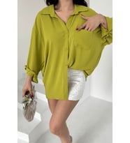 Kadın Perla Olive Tek Cepli Oversize Gömlek, Geniş Kalıp Gömlek, Ayrobin Gömlek