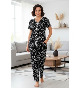 Mulvxbrf Brf02 Kadın Siyah Beyaz Kalp Desenli Kısa Kollu Şık Pijama Takımı (Mulvix)