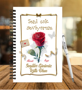 Sevgililer Gününe Özel Ahşap Defter Kalem Hediye Seti 15