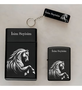 At Horse Desenli Kişiye Özel İsimli Çakmak,Metal Tabaka ve Anahtarlık Seti - 3'lü Hediye Set