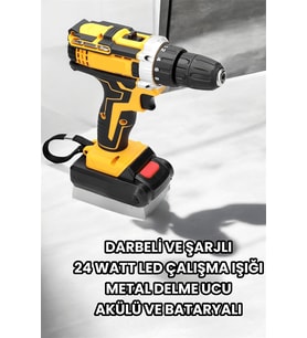 Metal Dişli 24W Akülü Matkap -Çift Bataryalı Led Çalışma Işığı Ile Tam Set - Lisinya