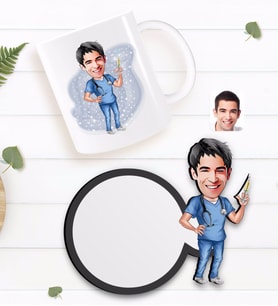 BK Gift Kişiye Özel Erkek Doktor Karikatürlü Beyaz Kupa ve Ahşap Bardak Altlığı Hediye Seti-3