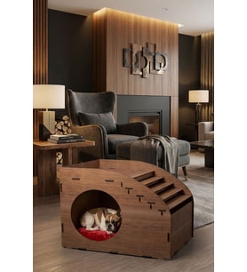 Ahşap Köpek Kulübesi Dekoratif Köpek Evi Ceviz Renk Merdiven Oval Model