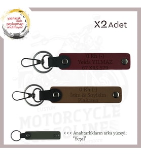 Motosiklet Tutkunlarına, İsim Plaka ve 0 Rh (-) Kan Grubu Yazılı Deri x2 Anahtarlık, Kahve-Bordo-Ysl (Çok Renkli)