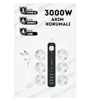 Pro P11 5x Priz 3000W Termal Akım Korumalı 4x USB 2x Type-C Girişli Çoklu Priz