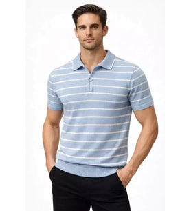Erkek Triko Polo Yaka Fermuarlı Çizgili Tişört T-Shirt Yazlık Şık - Bebek Mavisi