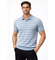 Erkek Triko Polo Yaka Fermuarlı Çizgili Tişört T-Shirt Yazlık Şık - Bebek Mavisi