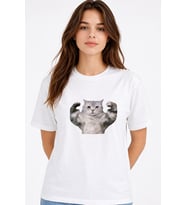 Kadın Tişört Baskılı Kedi Desenli Basic Günlük Rahat %100 Pamuk (Beyaz)