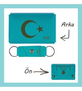 Koyu Turkuaz, Hilal ve Yıldız Desenli, İsme Özel Cüzdan & Anahtarlık Set, Türk Kimliği Taşıyanlara