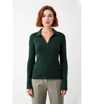 Kadın Polo Yaka Fitilli Triko Kazak Modern Fitted Tasarımıyla Casual Şıklığı Soğuk Havalarda