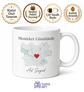 Memleket Haritası Üzerinde Kalp Baskılı Kupa Bardak Özel Tasarım Hediye