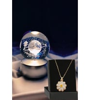Satürn Temalı Işıklı 3D Led Işıklı Cam Küre ve Papatya Kolye