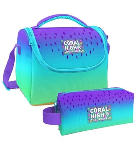 Coral High Mor Lila Renk Geçişli Desenli Kız Çocuk Isı Yalıtımlı Beslenme Çantası ve Kalemlik Seti