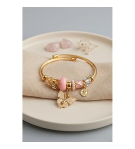 Mey İthalat® Pembe Kelebek Model Gold Renk Charmlı Bileklik