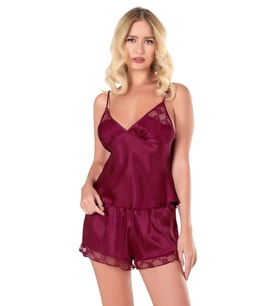 Giyim Bordo Saten Babydoll Şort Takımı