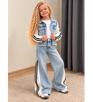 Kız Çocuk Şeritli Kot Ceketli 3’lü Takım Basic Badi Bol Paça Kot Pantolon - 4/12 Yaş - 31953
