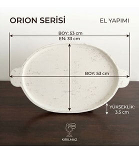 Orion Serisi Büyük Boy Kulplu Eskitme Beyaz El Yapımı Kırılmaz Sunum Tepsisi (33x53 cm)