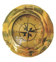 Duvar Saati Lumbozlu Pusula Gülü Motifli Çap 30cm Pirinç Döküm (Sarı)