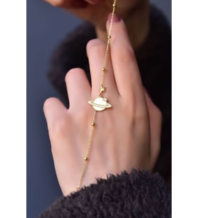 925 Ayar Gümüş Gold Kaplama Top Zincirli, Beyaz Mineli Gezegen Bileklik
