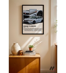 Honda Civic Type R JDM Poster, Siyah Çerçeveli Duvar Tablosu - Oto Severlere Özel