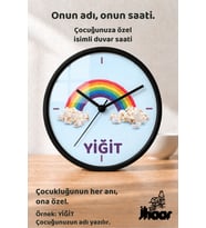 İsme Özel Renkli Gökkuşağı ve Bulut Çocuk Odası Duvar Saati Orta Boy 30 cm Siyah Camlı Sessiz